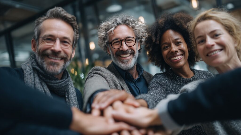 A happy and diverse team of professionals smiling and joining hands, representing unity, workplace inclusion, and collaboration.