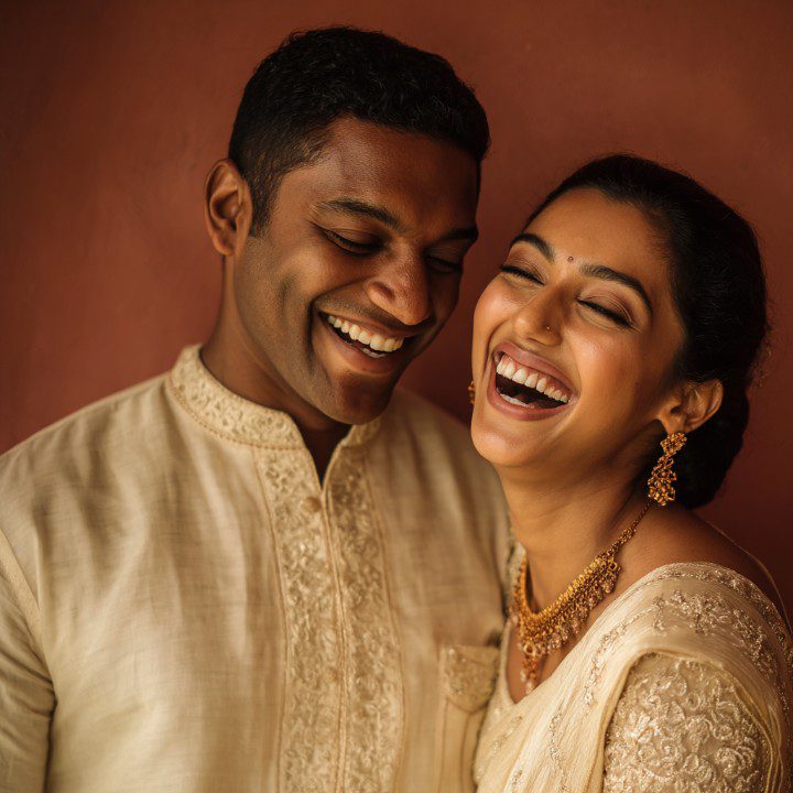 A South Indian couple dressed in traditional cream and gold attire laughing together, radiating joy, love, and cultural celebration.