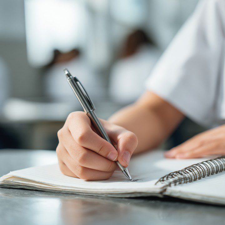 Close-up of a student's hand writing in a spiral notebook, showing concentration and academic engagement.