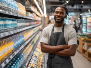 A young male supermarket employee in an apron stands confidently in a beverage aisle filled with bottled drinks, smiling at the camera.