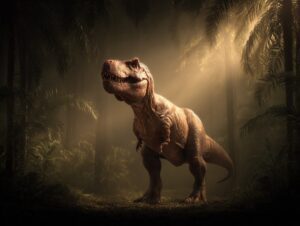Full-body view of a realistic T-Rex dinosaur standing in a dense jungle under dramatic sunlight, evoking a prehistoric scene.