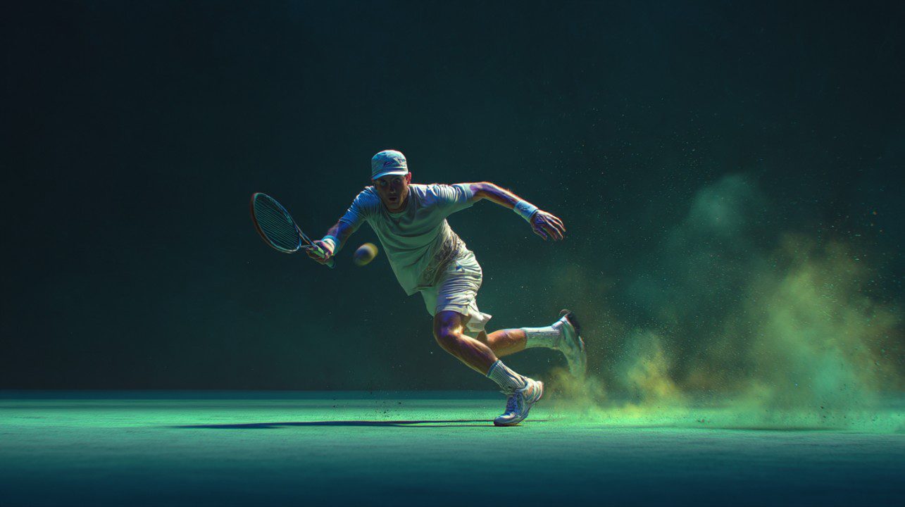 Tennis player mid-sprint reaching for a ball on a green court, highlighted by dynamic lighting and a trail of colored dust.