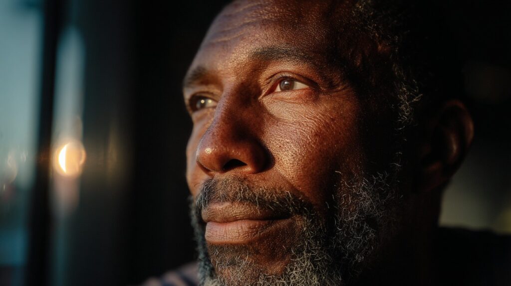 A close-up of a middle-aged man looking thoughtfully out a window, captured in warm light—ideal for emotional and reflective storytelling.