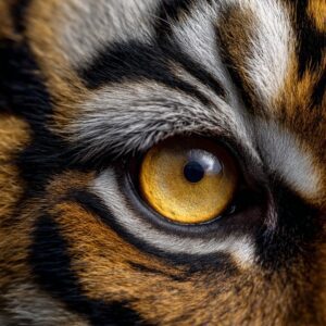 Extreme close-up of a tiger’s golden eye with sharp detail, highlighting fur texture and intense animal gaze.