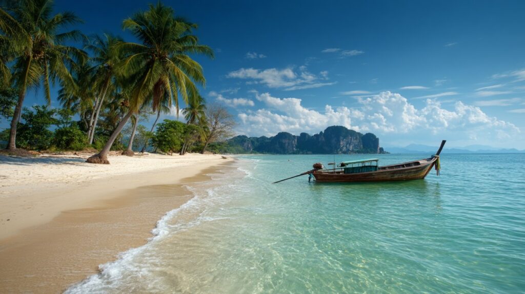Tranquil tropical beach in Thailand with palm trees, turquoise sea, and a wooden longtail boat gently floating near the shore.