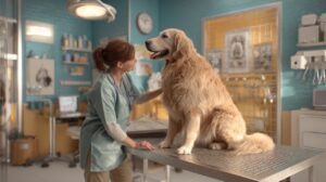 A female veterinarian examines a golden retriever in a bright veterinary clinic, showcasing care and trust in pet health services.