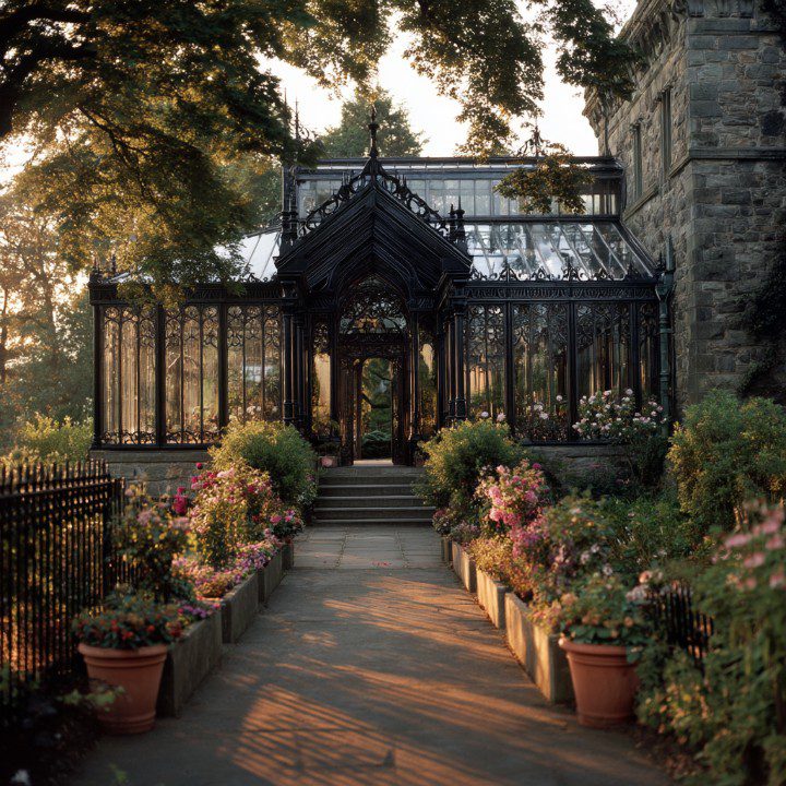 Photograph of a luxurious Victorian-style greenhouse with ornate ironwork and a garden path lined with blooming flowers and greenery.