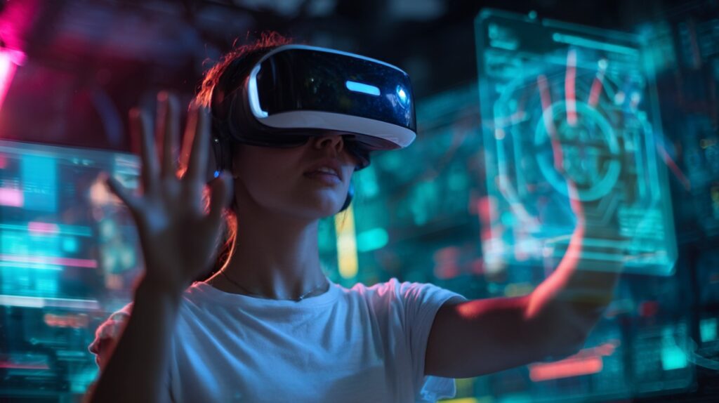 A female student wearing a VR headset interacts with a futuristic holographic interface in a high-tech learning environment.