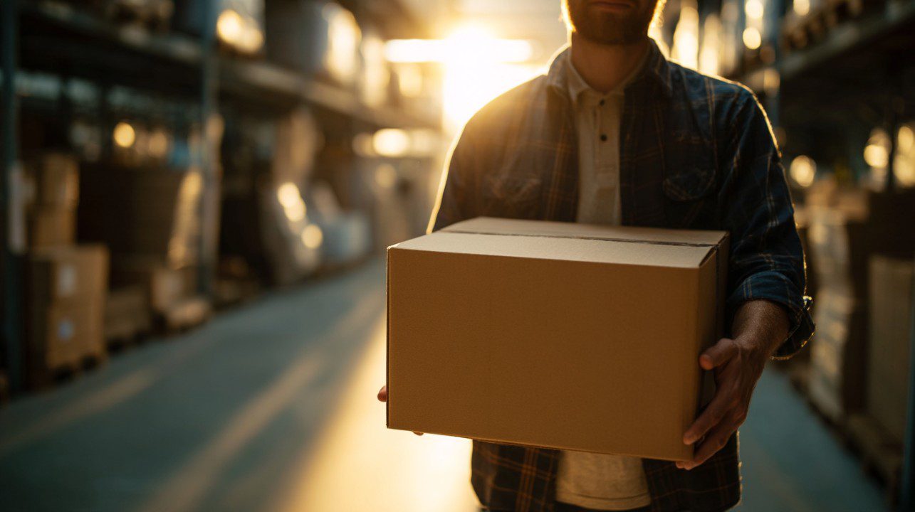 A man holding a cardboard box in a warehouse lit by warm sunlight, representing logistics, delivery, or storage operations.