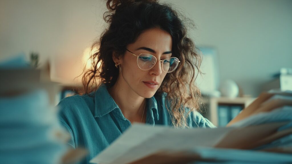 A professional woman accountant in glasses working on paperwork at her desk in a softly lit office environment.