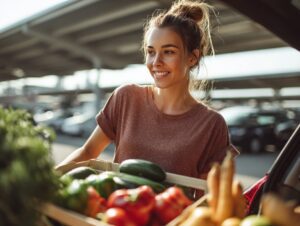 Smiling young woman carrying a box of fresh vegetables to her car in a sunlit outdoor parking lot.
