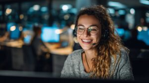 Smiling young woman wearing a headset in a dimly-lit ICT office, representing tech support or IT roles.