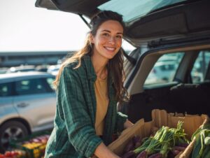Smiling young woman loading a box of fresh vegetables into the trunk of her car at an outdoor market.