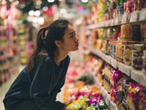 Young woman carefully browsing instant noodle options in a colorful grocery store aisle filled with packaged food products.