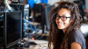 Young woman with glasses smiling at a workstation surrounded by monitors and tech cables, representing a career in ICT.