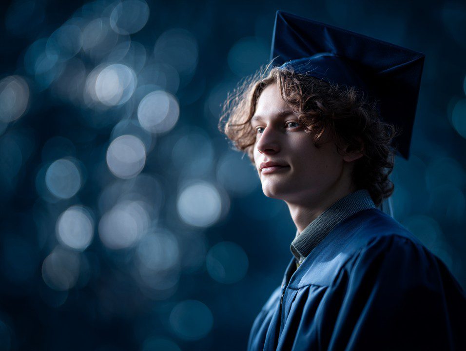 Young man wearing a blue graduation cap and gown, gazing confidently into the distance with a dark bokeh background.