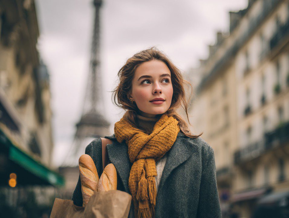 A young woman in a gray coat and yellow scarf holds fresh baguettes in Paris, with the Eiffel Tower in the background, representing Parisian lifestyle.