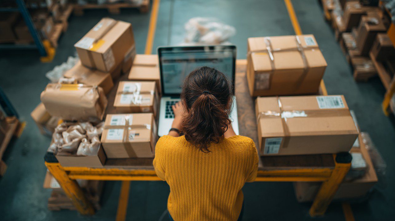 A young woman working on a laptop in a warehouse office, preparing and packing orders while managing logistics and inventory.