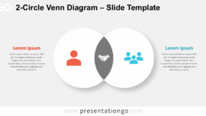 Widescreen 2-circle Venn diagram for PowerPoint and Google Slides with light background, icons, and editable text areas.