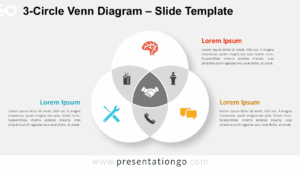 Widescreen 3-circle Venn diagram with a light background for PowerPoint and Google Slides, customizable and icon-based.