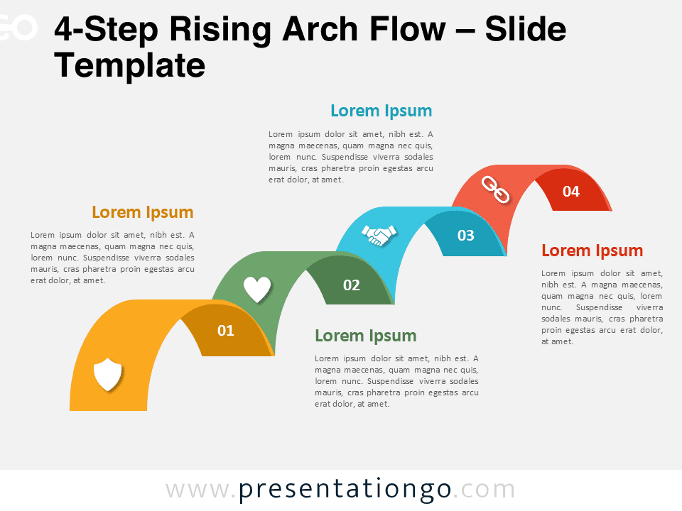 Four-step rising arch flow diagram template with curved ribbon shapes and icons, for use in PowerPoint presentations.