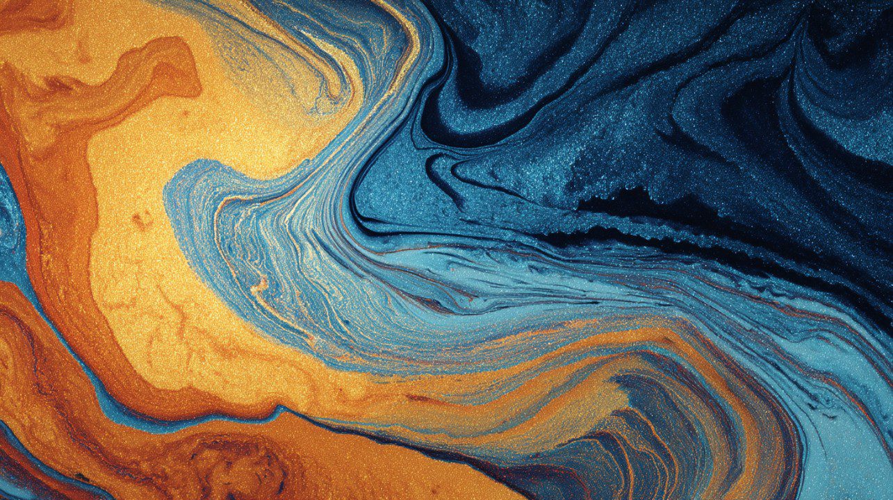 Dynamic abstract background featuring swirling orange, gold, and blue textures, ideal for modern design and presentation use.