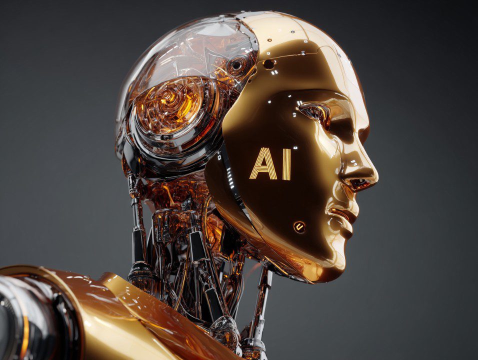Side view of a gold humanoid robot head with glowing AI text, symbolizing futuristic artificial intelligence technology.