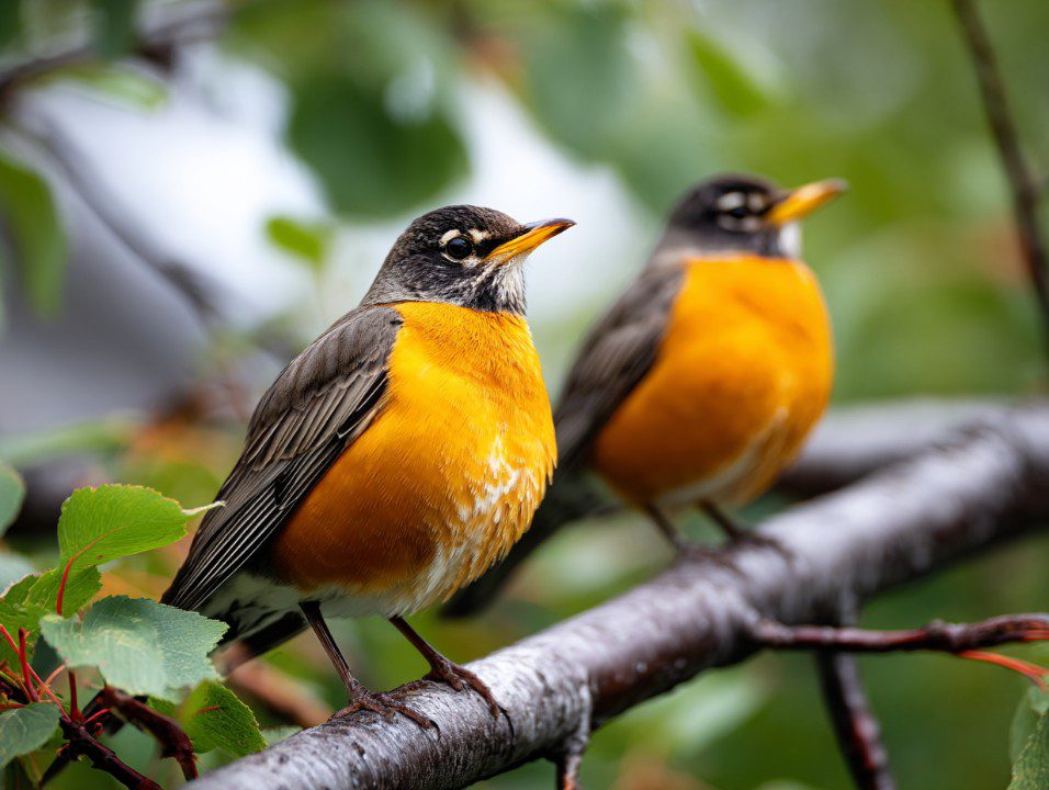Two American robins with orange bellies perched on a tree branch surrounded by green summer leaves.