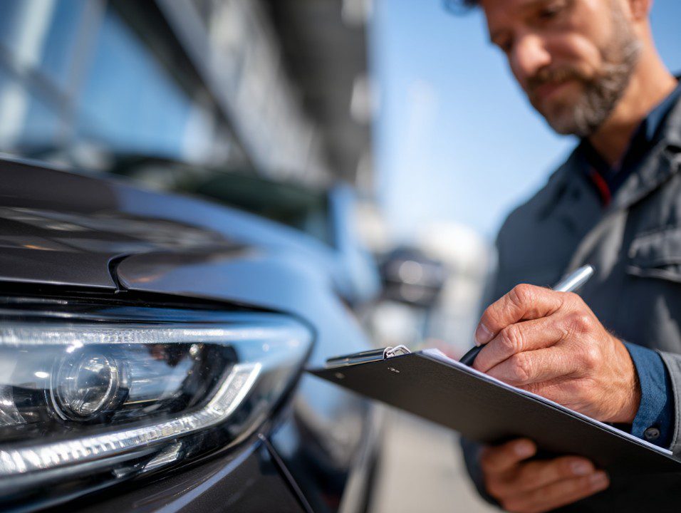 A professional man holding a clipboard inspects a car’s exterior, focusing on quality and vehicle condition in an outdoor setting.