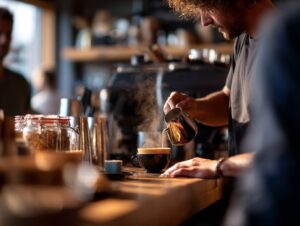 Barista pours steamed milk into a fresh coffee cup inside a cozy, warmly lit café with modern interior and counter jars.