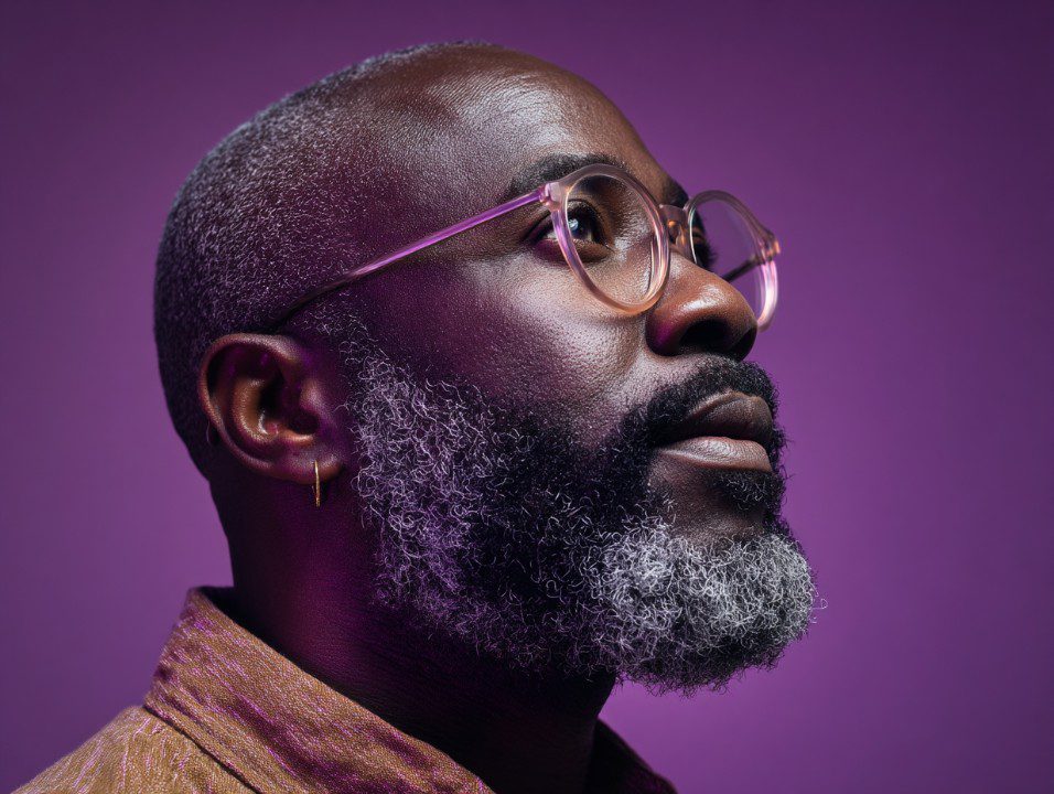 Side profile of a bearded man with glasses looking up, set against a rich purple background for a stylish editorial effect.