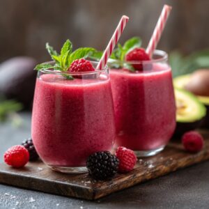 Two berry smoothies in glasses topped with mint and raspberries, placed on a wooden tray with fresh berries nearby.