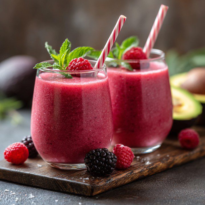 Two berry smoothies in glasses topped with mint and raspberries, placed on a wooden tray with fresh berries nearby.