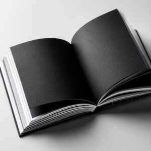 Open book with blank black pages on a white background, ideal for minimalist, artistic, or conceptual design presentations.