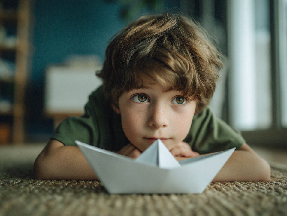 Young boy lying on the floor with a paper boat in front of him, staring thoughtfully with a dreamy expression.