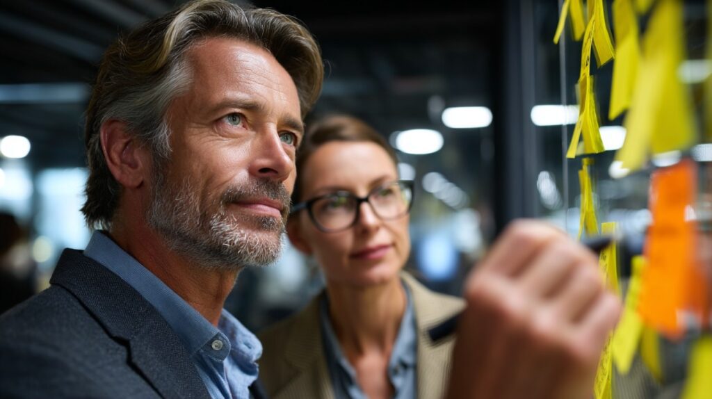 Two business professionals collaborate during a brainstorming session with sticky notes on a glass wall in a modern office.