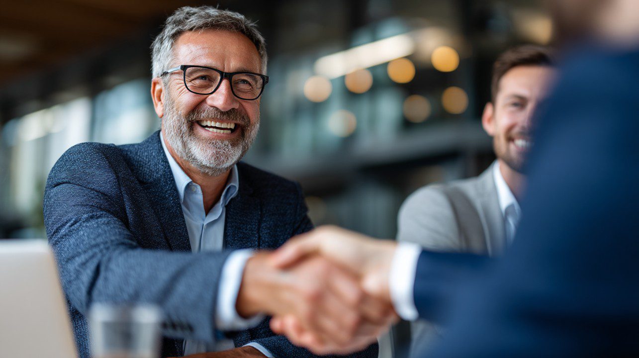 Confident business executive smiling and shaking hands with a partner across a desk in a professional office setting.