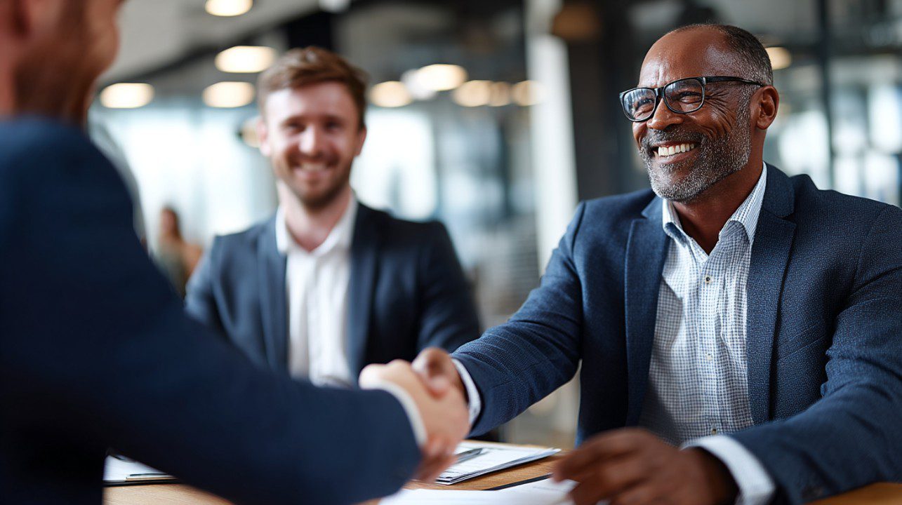 Two businessmen smiling and shaking hands across a desk in a modern office, symbolizing partnership and trust.