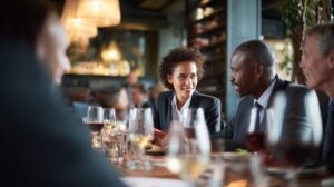 Diverse group of business professionals networking over dinner at a formal restaurant, engaged in conversation.