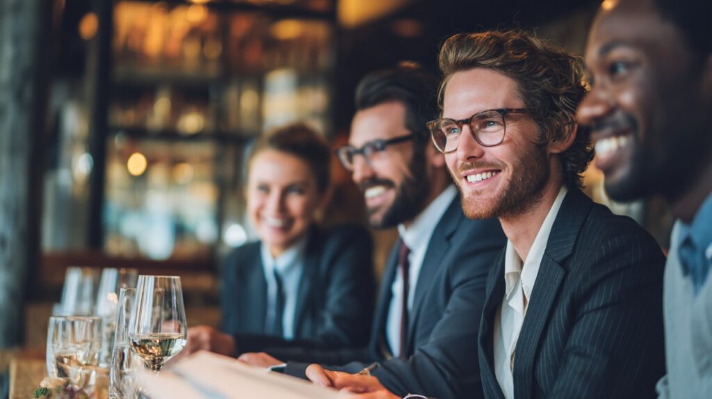 Smiling business professionals enjoying a celebratory dinner, representing teamwork, success, and corporate culture.