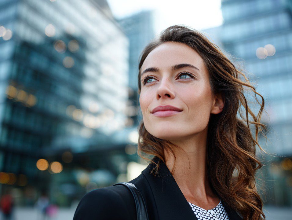 Portrait of a confident businesswoman smiling slightly, with modern glass office buildings in the background.