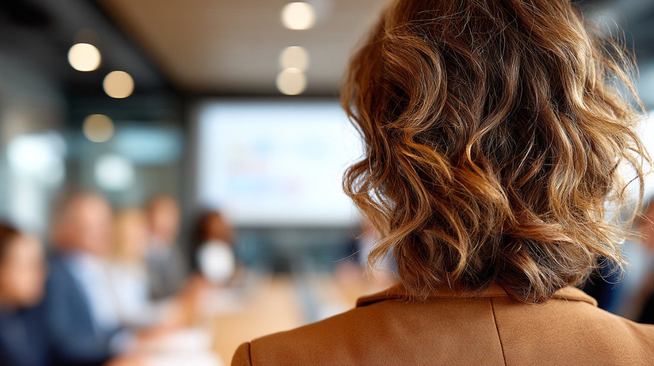 Rear view of a woman with curly hair attending a business meeting in a modern conference room.