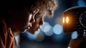 Two children examining a robot with glowing eyes in a dark room, representing curiosity, AI interaction, and learning through technology.