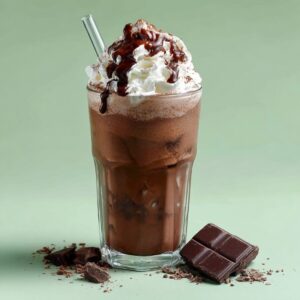Glass of chocolate mocha topped with whipped cream and syrup, surrounded by chocolate chunks on a light green background.