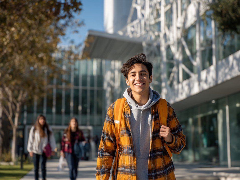 A smiling male student in a flannel shirt with a backpack stands confidently on a modern university campus walkway.