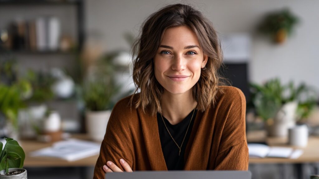 Portrait of a confident young woman smiling in a modern office with plants, conveying professionalism and positivity.