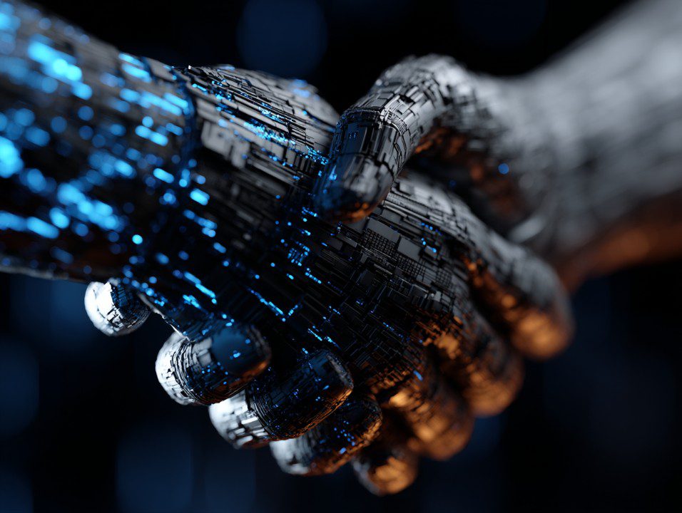 Close-up of two cybernetic hands shaking, representing AI partnership and futuristic technology integration.