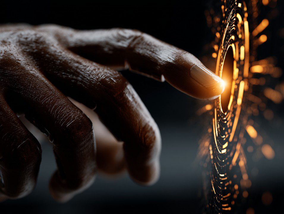 A realistic human hand reaches toward a glowing orange digital interface, symbolizing innovation and advanced technology.