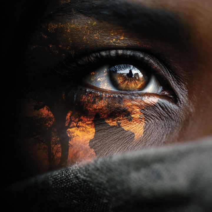 Close-up of an eye with a double exposure effect showing African wildlife and sunset landscape reflected within it.