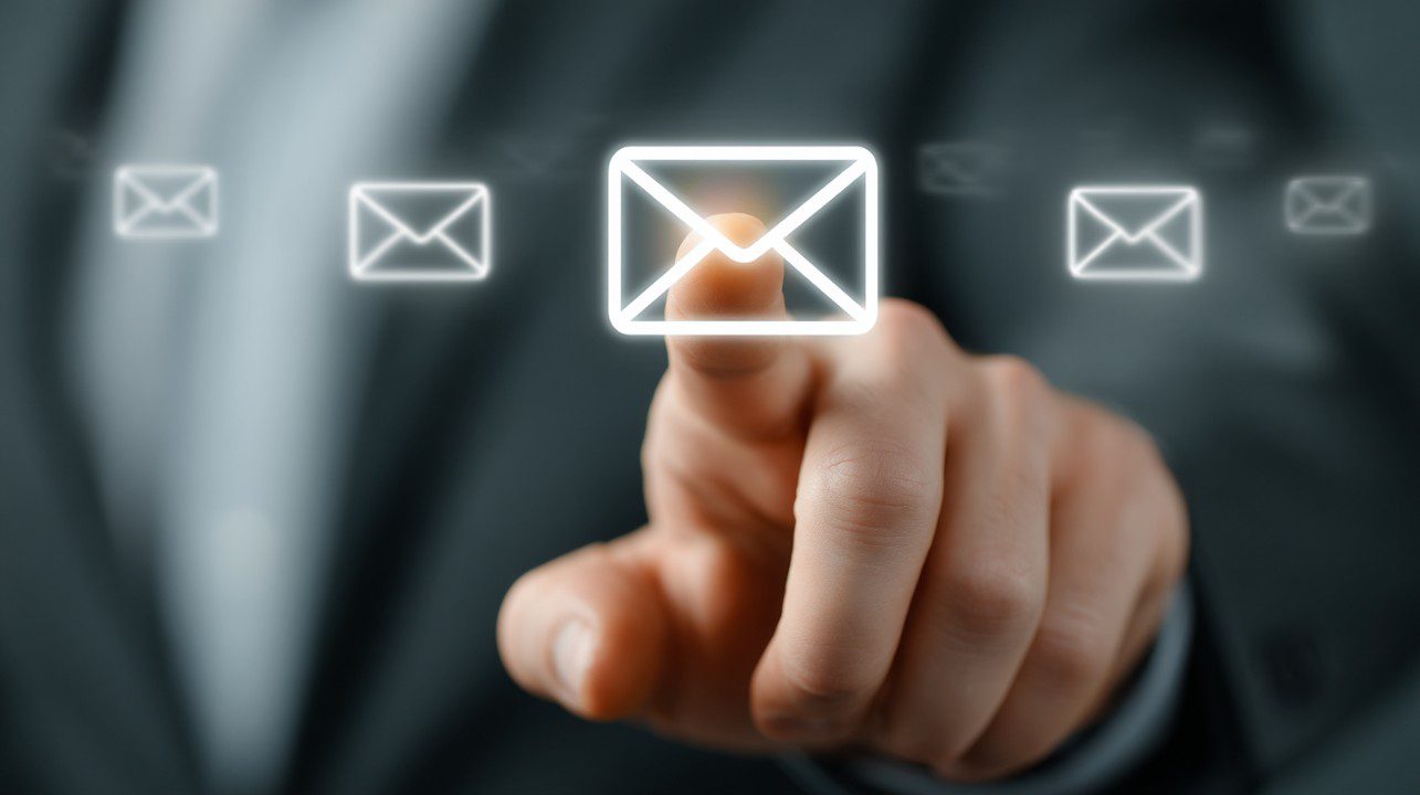A finger touches a glowing email icon in a digital interface, symbolizing email notifications and communication technology.